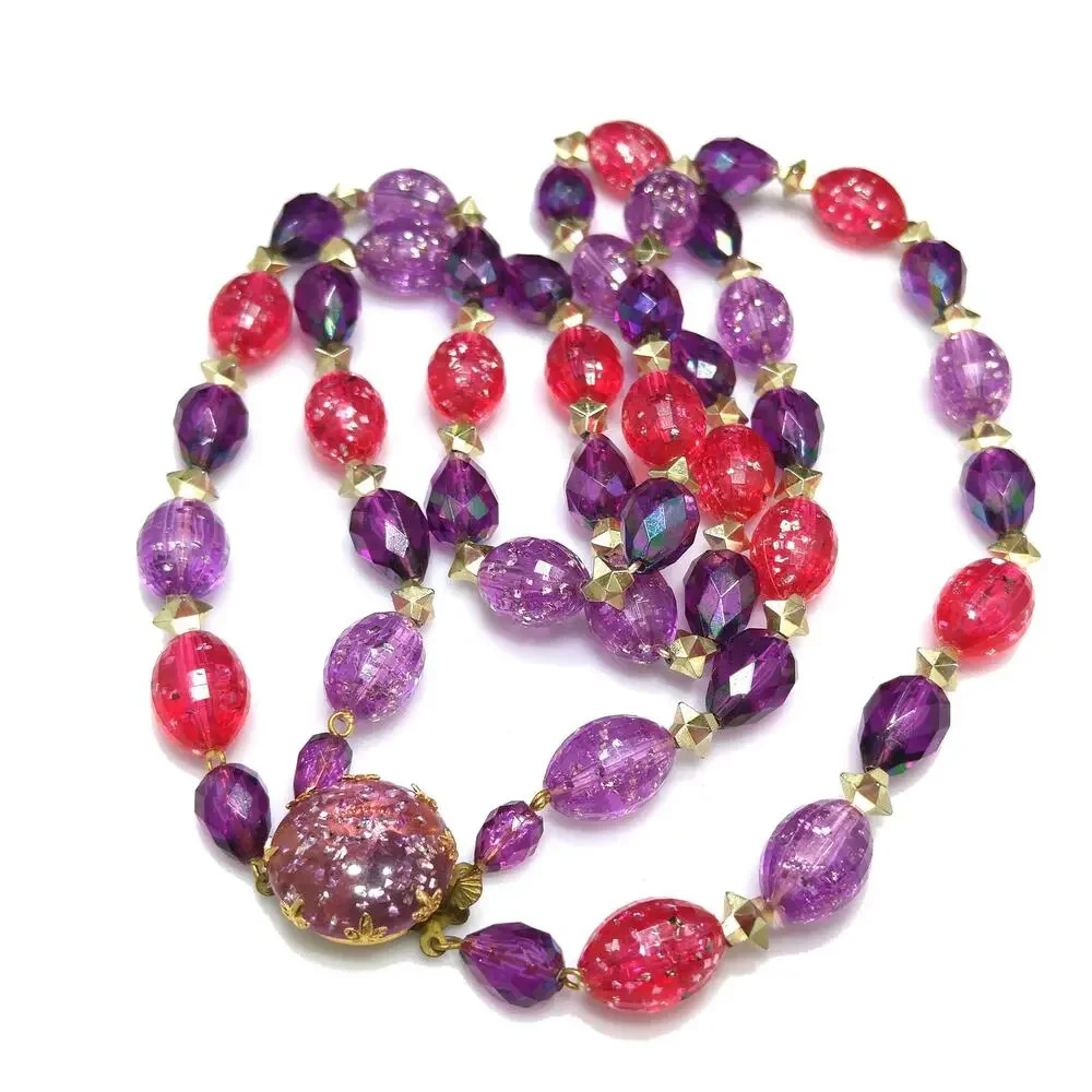 West Germany Glitter Beaded Necklace, Molded Plastic Purple Pink Beads, 1950s